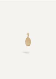 Side view of 9 k gold  engraveable oval charm pendant from sb studio yeg.