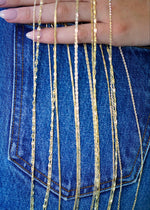 SB Studio Aniya bi-colour 10k yellow and white gold cable chain necklace with a sparkly finish on denim