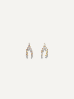 The Sparkle Bar Wishful Earrings featuring a gold wishbone design encrusted with sparkling clear cubic zirconia stones.