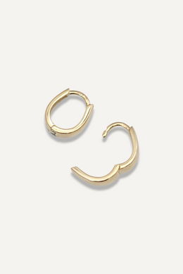 The Sparkle Bar Karin pear-shaped hoop earrings in polished 14k gold with a hinged closure on a white background.