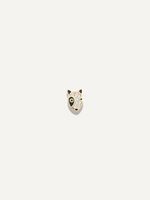 The Sparkle Bar Rufus earrings featuring a gold dog face stud with black enamel details and sparkling white crystals.