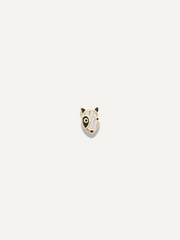 The Sparkle Bar Rufus earrings featuring a gold dog face stud with black enamel details and sparkling white crystals.